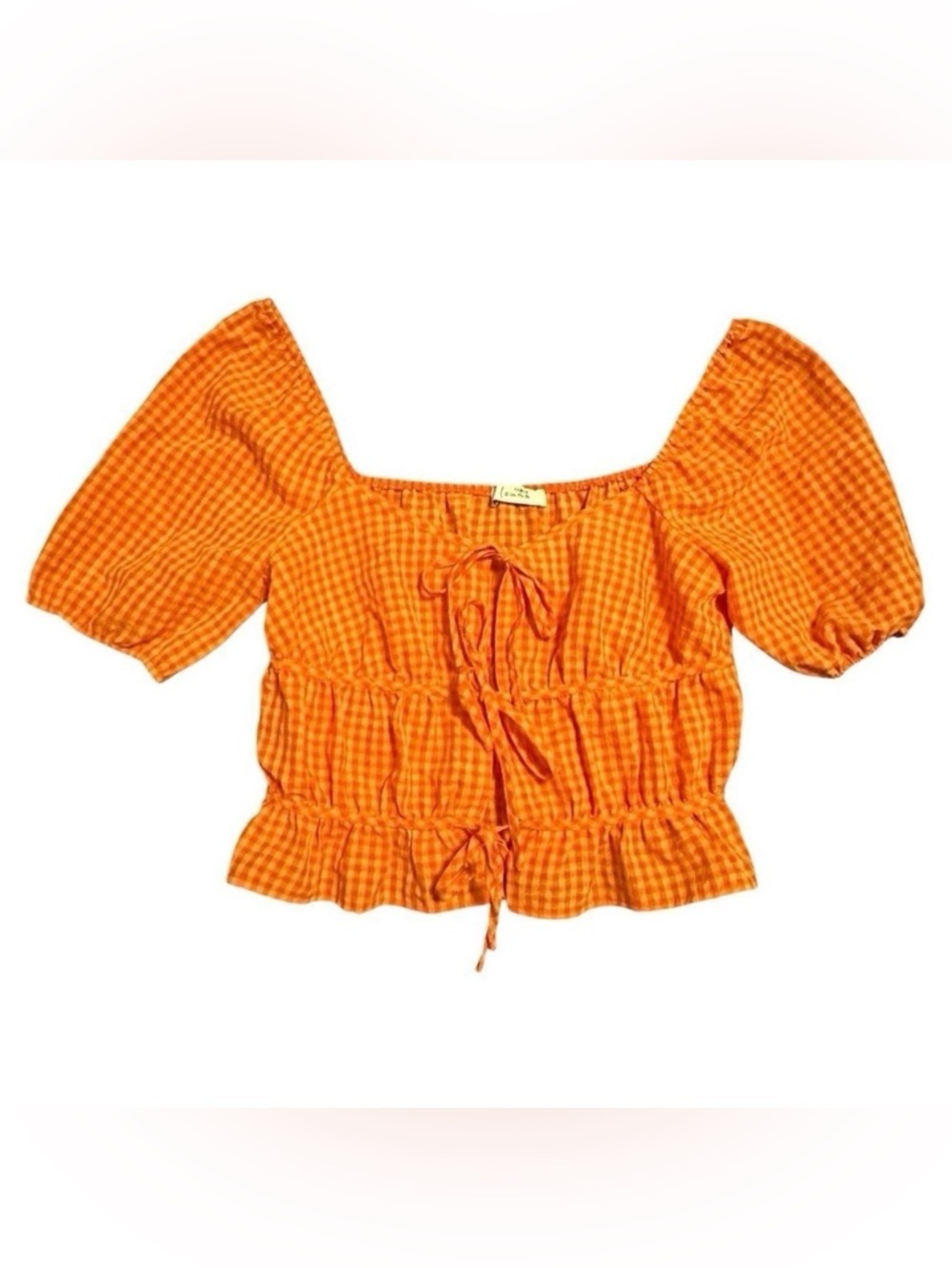 Louna Orange Gingham Puff Sleeve Tie Front Crop Top Small Cottagecore